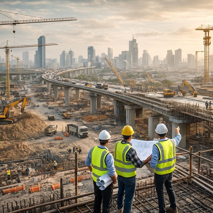 Construction site with workers and machinery