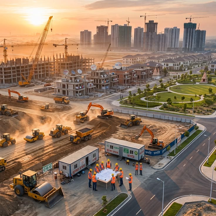 Construction site with workers and machinery