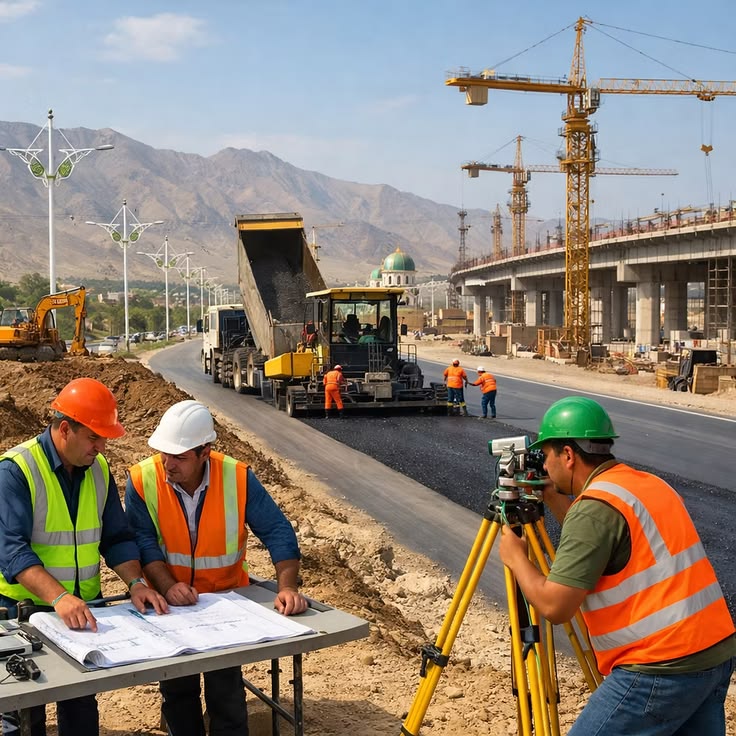 Construction site with workers and machinery
